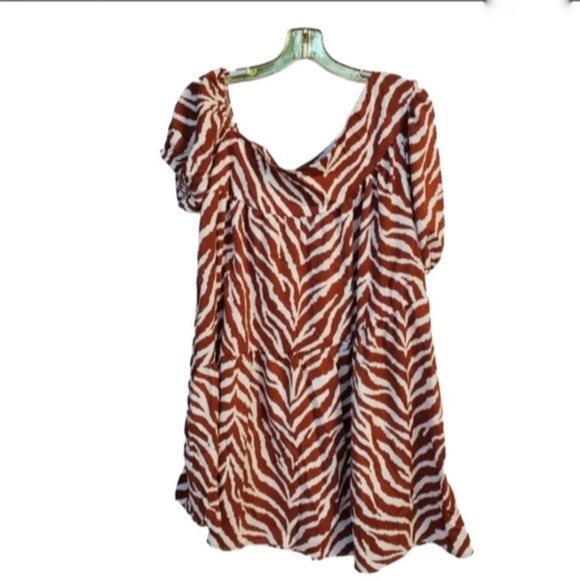 Puff Sleeve Ruffle Hem One Shoulder Smock Dress NWOT Asymmetrical Neck - Picture 2 of 6